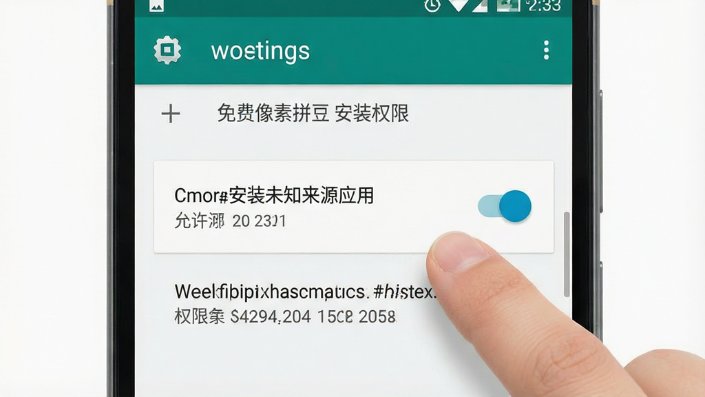 一张展示安卓手机安装应用时的权限设置界面示意图,画面主体为手机屏幕显示“允许安装未知来源应用”的开关选项,旁边放置一只手准备点击,布局为手机界面居中放大展示,风格简洁教程风,细节包含系统设置图标与提示文字框,画质清晰,背景干净,屏幕内以系统字体显示“免费像素拼豆 安装权限”