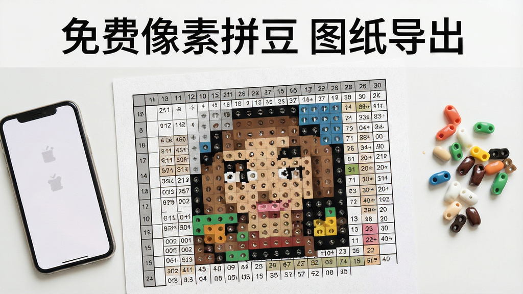 一张展示拼豆图纸导出效果的示意图,画面中央为一张打印出来的彩色像素图纸,图纸上带有清晰网格与色块编号,图纸旁边放置手机与几颗实体拼豆,布局为桌面平铺俯拍,风格简约写实,细节包含纸张纹理与豆子反光,画质干净明亮,图纸上方以印刷体文字标注“免费像素拼豆 图纸导出”