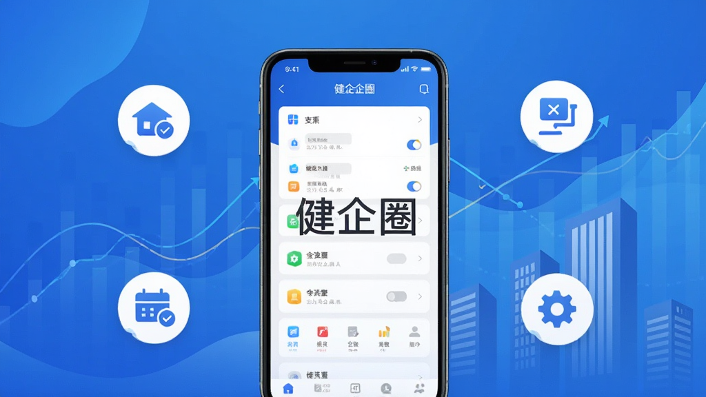 主体为一部智能手机,屏幕上显示企业办公类应用界面,布局为手机居中展示,周围环绕简洁的商务图标元素,排版采用上下结构,风格为现代简约商务风,细节包括蓝色渐变背景、抽象数据线条、企业建筑剪影,画质清晰干净,无多余元素,图片中打文字“健企圈”