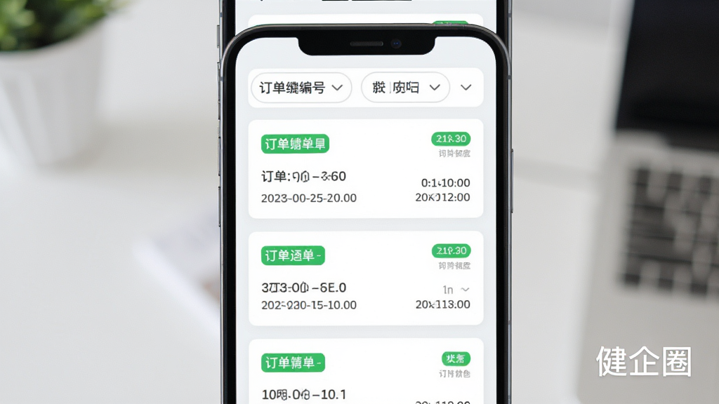 主体为手机屏幕展示订单列表界面,布局为手机竖屏居中,上方为筛选栏,下方为订单卡片列表,排版采用上下结构,风格为清爽浅色系,细节包括绿色状态标签、订单编号、时间戳,画质清晰干净,无多余元素,图片中打文字“健企圈”