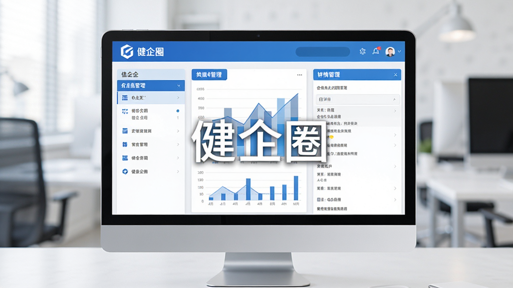 主体为平板电脑显示企业信息管理界面,布局为电脑居中,左侧有信息列表,右侧为详情面板,排版采用左右分栏结构,风格为扁平化商务设计,细节包括蓝色主色调、数据图表、企业logo占位,画质清晰干净,无多余元素,图片中打文字“健企圈”