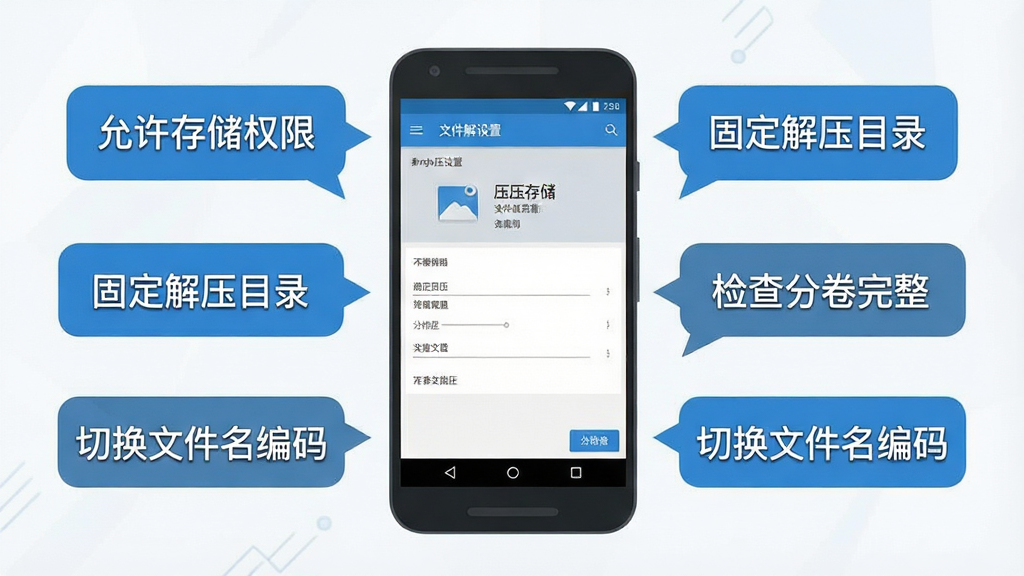 一张信息图风格的图片,画面以安卓手机为中心,周围环绕着多个提示气泡,气泡内分别写着「允许存储权限」「固定解压目录」「检查分卷完整」「切换文件名编码」等文字,手机屏幕显示文件解压缩软件的解压设置界面,整体采用扁平化插画风格,配色以蓝白灰为主,布局清晰有条理,画质干净利落,无多余装饰元素