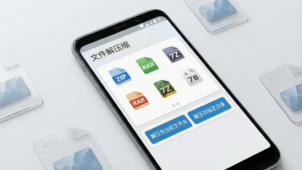 一张展示安卓手机屏幕的写实风格图片,画面中央是文件解压缩软件的主界面,界面采用浅色卡片式布局,顶部显示软件名称「文件解压缩」,中部整齐排列着ZIP、RAR、7Z等格式图标,下方有「解压到当前文件夹」「解压到指定目录」两个醒目按钮,手机旁边散落着几个半透明的压缩包文件图标,背景为干净的浅灰色桌面,光线明亮柔和,整体风格简洁现代,画质清晰锐利,无多余杂乱元素