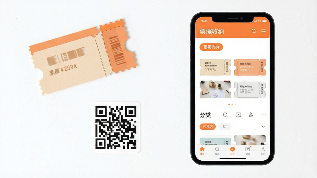 一张手机应用界面示意图,画面主体为票据收纳页面,布局上手机屏幕占据画面中心偏右,左侧留白处点缀票根与二维码图形元素,排版为横版左右结构,风格为清爽扁平化设计,细节包含橙色标签、票券缩略图、分类筛选栏、底部导航,画质干净清晰无多余元素