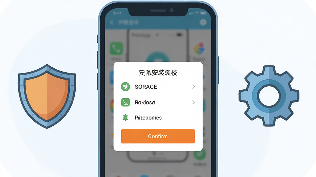 一张手机应用安装与权限设置示意图,画面主体为手机屏幕展示权限授权弹窗,布局上手机居中、左右两侧分别放置盾牌图标与齿轮图标作为辅助元素,排版为对称式构图,风格为扁平化科技插画,细节包含橙色确认按钮、权限列表、存储与通知图标,画质干净清晰无多余元素