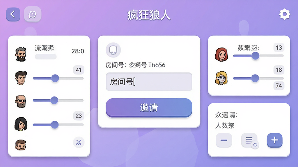 一张展示手机游戏房间创建界面的图片,画面中央是房间号输入框与邀请按钮,周围分布角色配置滑块与人数选择器,顶部标注