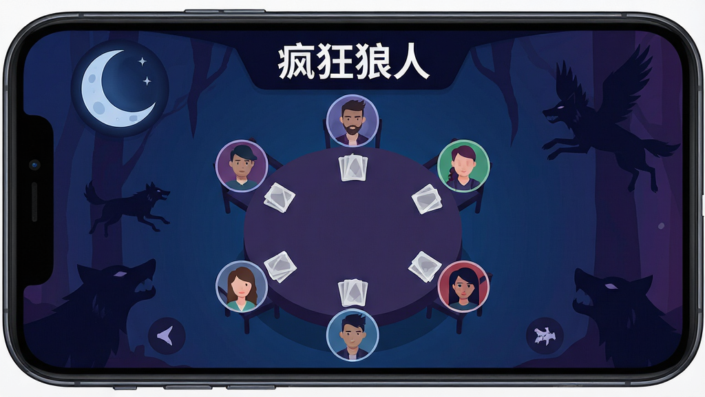 一张手机屏幕展示多人语音推理游戏界面,画面中央是圆形会议桌布局,周围环绕多个玩家头像,顶部显示