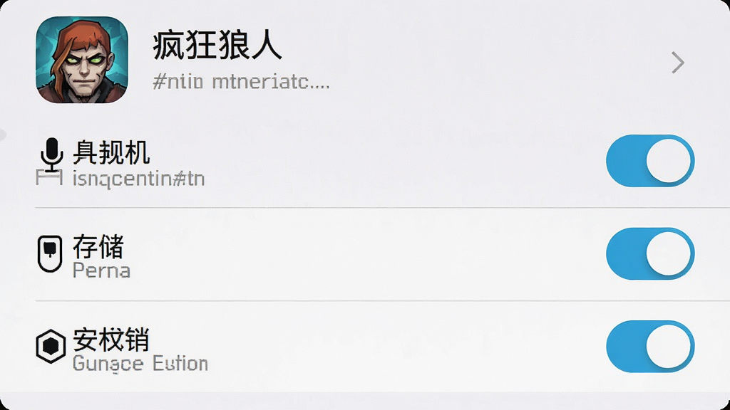 一张展示手机游戏安装权限设置界面的图片,画面中列出麦克风、存储等权限开关选项,界面顶部显示