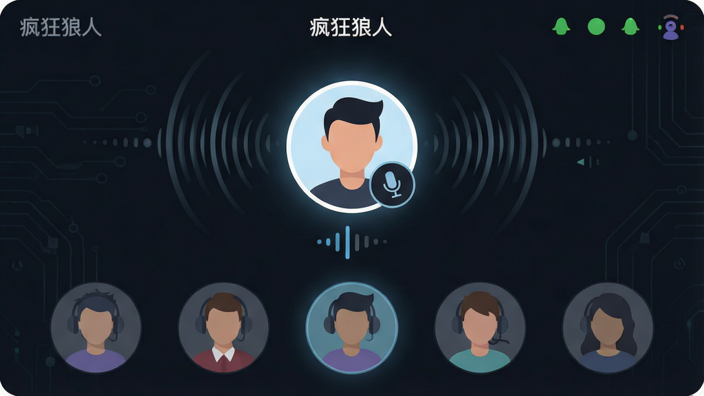 一张展示手机游戏语音发言界面的图片,画面中一个玩家头像高亮显示麦克风图标,声波纹理从头像向外扩散,其他玩家头像呈聆听状态排列在下方,界面标注