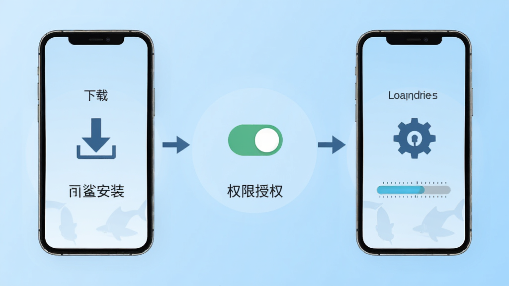 白鲨针布安装使用流程图,画面以手机屏幕为主体,分步骤展示下载安装、权限授权、首页加载三个环节,每个步骤配简洁图标与文字标注,背景为浅蓝色渐变,布局为横向流程图排版,风格为扁平化信息图,细节包括下载箭头、权限开关图标与加载进度条,画质清晰,干净,无多余元素