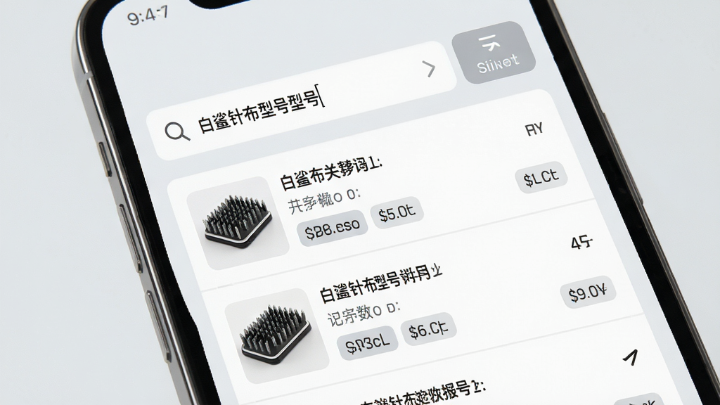 白鲨针布型号检索功能界面特写,手机屏幕显示搜索框内输入型号关键词,下方弹出匹配结果列表,每条结果旁配有针布产品小图与参数标签,背景为浅灰色简约风格,布局清晰,排版整齐,风格为科技工具类UI展示,细节包括搜索放大镜图标与筛选按钮,画质清晰,干净,无多余元素