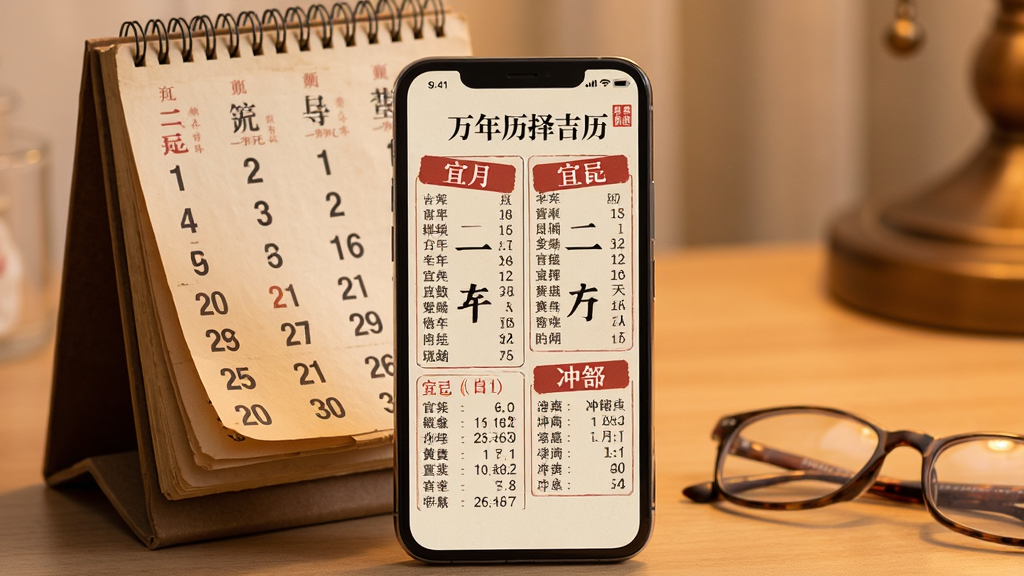 画面中央为一部手机,屏幕显示“万年历择吉历”的老黄历详情页,页面上有农历大字、宜忌两列文字与冲煞信息,手机背后衬着一本老式台历,台历翻到某一页,旁边放着一副老花镜,背景为暖色调室内桌面,写实摄影风格,光线柔和,构图稳定,细节丰富,画质干净,无多余元素