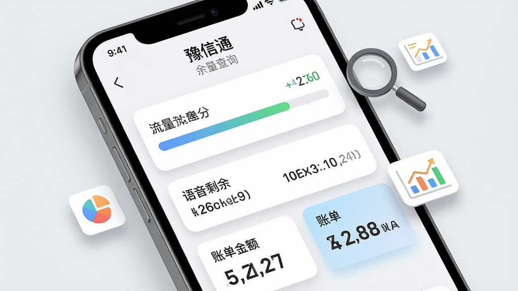 一部手机屏幕特写,显示“豫信通”套餐余量查询页面,页面中有流量进度条、语音剩余时长数字和账单金额卡片,旁边漂浮着放大镜和图表小图标,背景为干净的浅灰色,风格为现代UI展示图,细节包括清晰的数字排版、圆角卡片和柔和投影,画质清晰锐利,画面整洁无杂乱元素