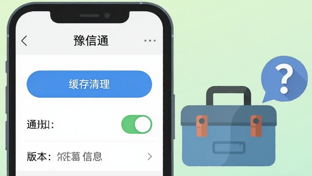 一部手机屏幕显示“豫信通”设置页面,页面上有缓存清理按钮、通知开关和版本信息条目,手机旁边放着一个工具箱图标和一个问号提示气泡,背景为浅绿色渐变,风格为扁平化操作示意图,细节包括清晰的按钮状态、圆角开关控件和简洁的文字标签,画质干净清爽,无多余元素