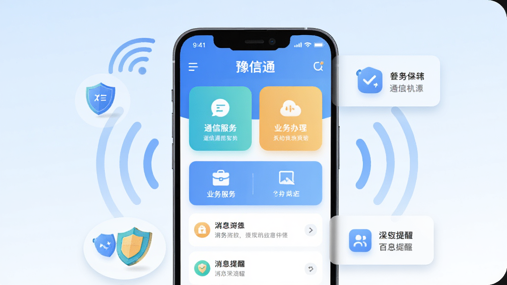 画面中央是一部竖屏智能手机,屏幕上显示“豫信通”应用主界面,界面包含通信服务卡片、业务办理入口和消息提醒区域,手机周围环绕着信号波纹、盾牌图标和简洁的功能模块浮窗,整体布局为居中构图,背景为浅蓝到白色的柔和渐变,风格为扁平化科技插画,细节包括圆角图标、清晰的文字层级和轻量阴影,画质干净清晰,无多余装饰元素