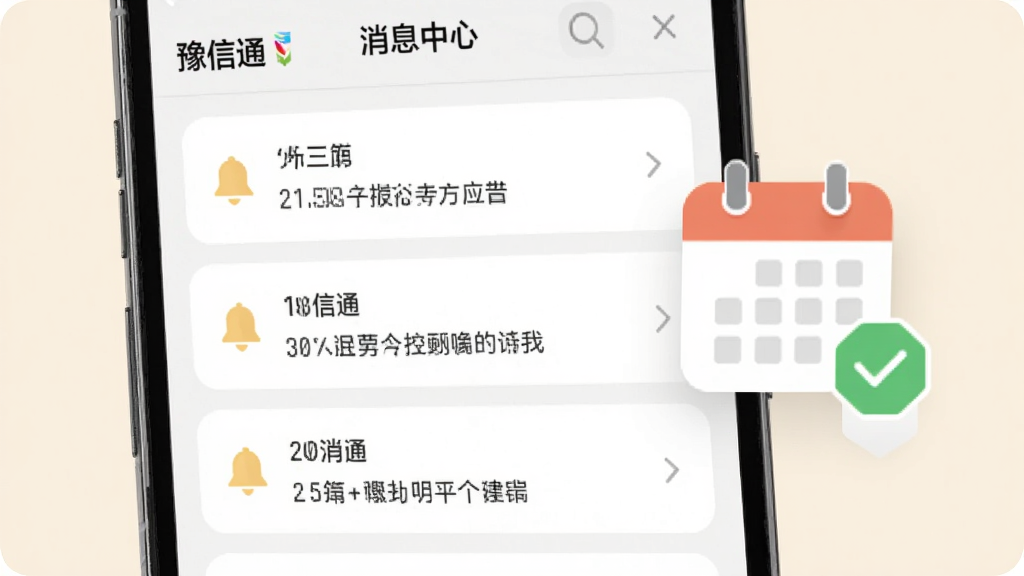 手机屏幕显示“豫信通”消息中心列表,几条通知卡片整齐排列,卡片上有铃铛图标、时间标签和简短文字说明,手机右侧漂浮着一个日历图标和一个对勾徽章,背景为浅米色,风格为简洁信息图,细节包括柔和的分隔线、清晰的字体和轻量图标,画质干净明亮,无多余干扰元素
