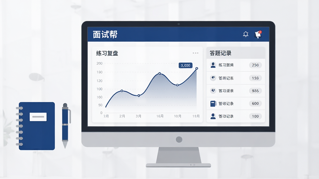 画面主体是一块显示屏居中,屏幕上呈现“面试帮”的练习复盘页面,包含曲线走势图与答题记录列表,显示屏旁边以简洁布局放置笔记本与笔的图标元素,风格为简约商务扁平风,色调以深蓝、浅灰与白色为主,细节上强调数据图表的清晰度与页面层级,画质干净高清,无多余装饰元素