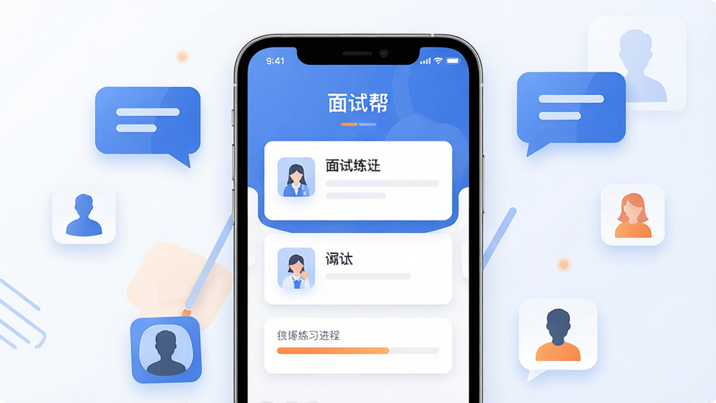画面主体是一部智能手机居中放置,手机屏幕上展示一款名为“面试帮”的面试练习应用界面,界面中包含问答卡片与练习进度条等元素,手机周围以简洁的布局排布若干悬浮的对话气泡图标与人物剪影图标,整体采用扁平化现代风格,色调以蓝白为主搭配少量橙色点缀,细节上强调界面清晰、图标精致、光影柔和,画质干净高清无多余杂乱元素,整体排版适合下载站配图展示