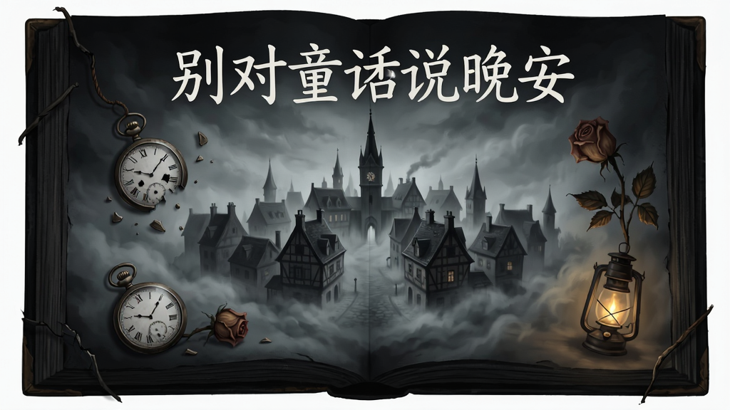 画面主体为一本摊开的暗黑童话书,书页中央浮现一座被浓雾环绕的欧式小镇,布局采用中心对称构图,排版上书名别对童话说晚安以手写体置于画面上方,风格为暗黑奇幻插画,细节包含破碎的怀表、枯萎的玫瑰与微弱的提灯光晕,画质细腻高清,干净无多余元素