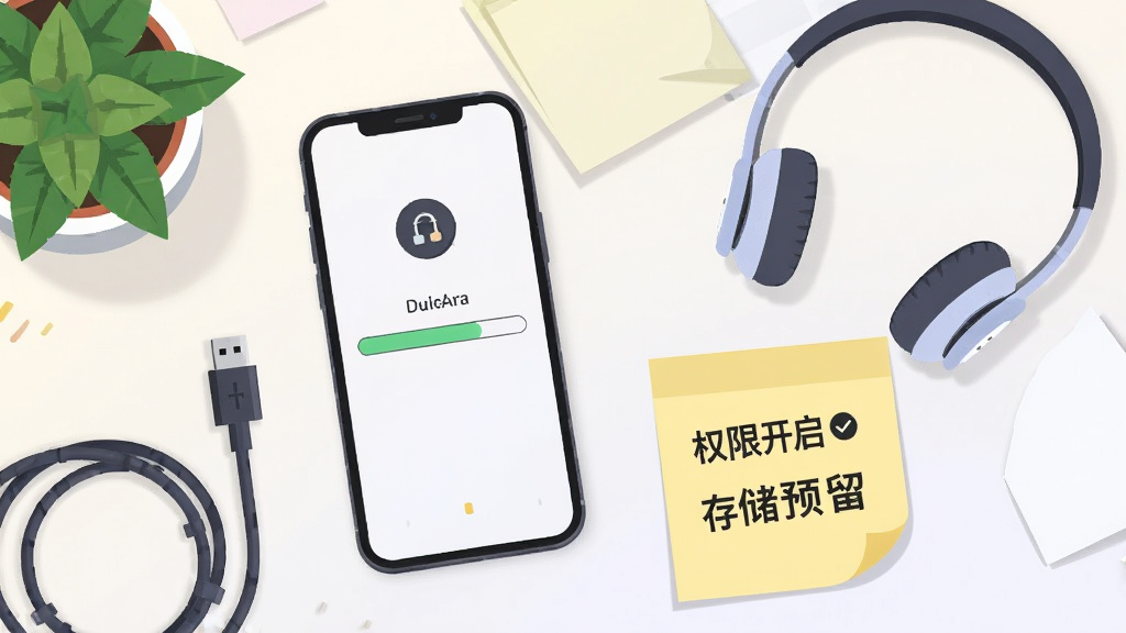 画面主体为一部智能手机屏幕显示游戏安装进度条,旁边放置耳机与便签纸,布局采用俯视桌面视角,排版上便签纸写有“权限开启”与“存储预留”字样,风格为扁平化科技插画,细节包含数据线、绿植与柔光背景,画质清晰,干净无多余元素