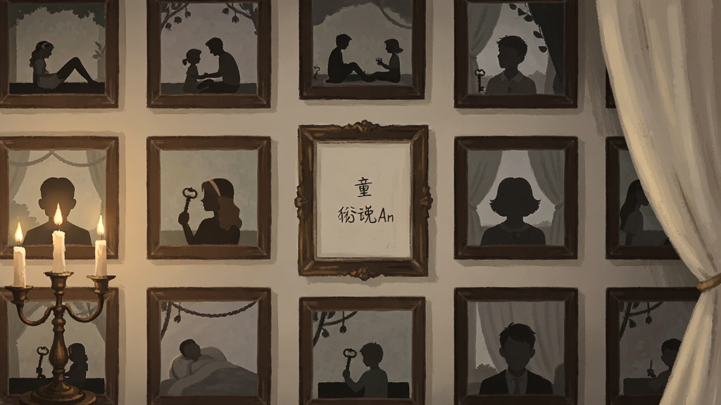 画面主体为一面挂满相框的墙壁,每个相框内呈现不同的结局场景剪影,布局采用网格状排列,排版上别对童话说晚安位于墙壁中央的空白画框内,风格为复古收藏室插画,细节包含烛台、钥匙与飘动的窗帘,画质高清,干净无多余元素