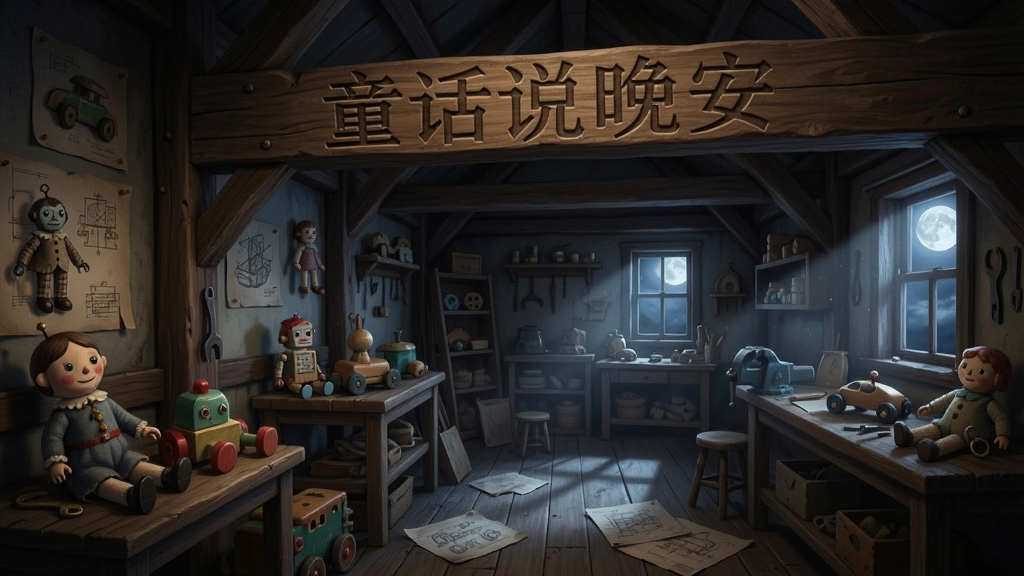 画面主体为一间堆满旧玩具的昏暗工坊,布局采用广角视角展现房间纵深,排版上别对童话说晚安字样以浮雕形式刻在木梁上,风格为复古奇幻场景插画,细节包含发条玩偶、散落的图纸与窗外的月光,画质精致,干净无多余元素