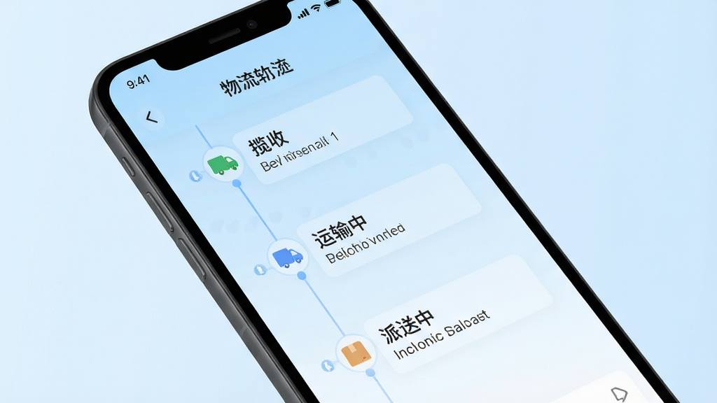 一张展示快递物流包裹查询软件物流轨迹页面的图片,画面中手机屏幕显示时间轴样式的物流节点信息,包含揽收、运输中、派送中等状态文字,界面风格清爽,背景为淡蓝色渐变,突出信息层次感,画质清晰,干净无杂物