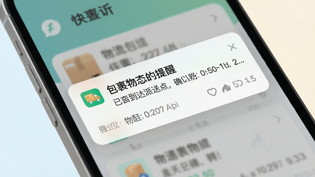 一张展示快递物流包裹查询软件包裹状态提醒功能的图片,画面中手机屏幕弹出物流更新通知卡片,卡片上显示包裹已到达派送点的提示信息,背景为柔和浅色,风格简约现代,画质清晰,无多余装饰元素