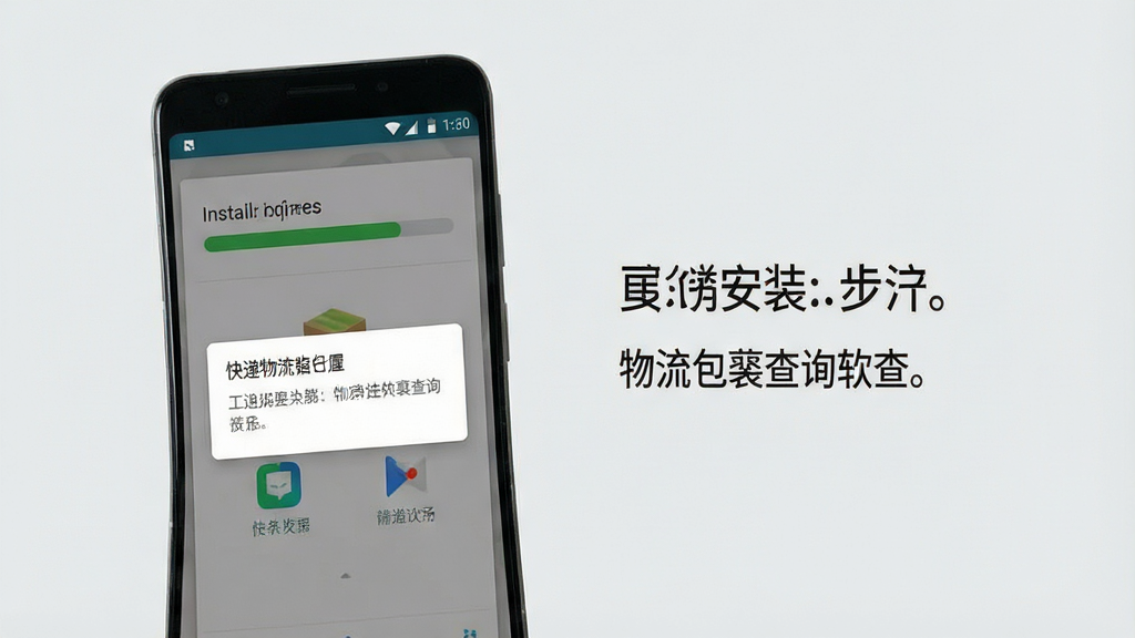 一张展示安卓手机安装快递物流包裹查询软件过程的图片,画面中手机屏幕显示应用安装进度条和权限请求弹窗,旁边有简洁的文字标注安装步骤,背景为浅灰色,风格干净利落,画质清晰,无多余元素