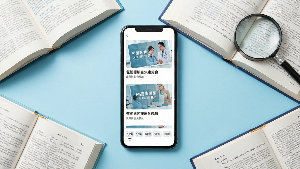 手机屏幕内呈现医学知识列表页面,包含文章封面图与标题文字,页面下方有分类标签栏,手机旁边散落着几本翻开的医学书籍与放大镜道具,背景为浅蓝色纯色,风格简洁清新,排版整齐,画质干净,无多余元素