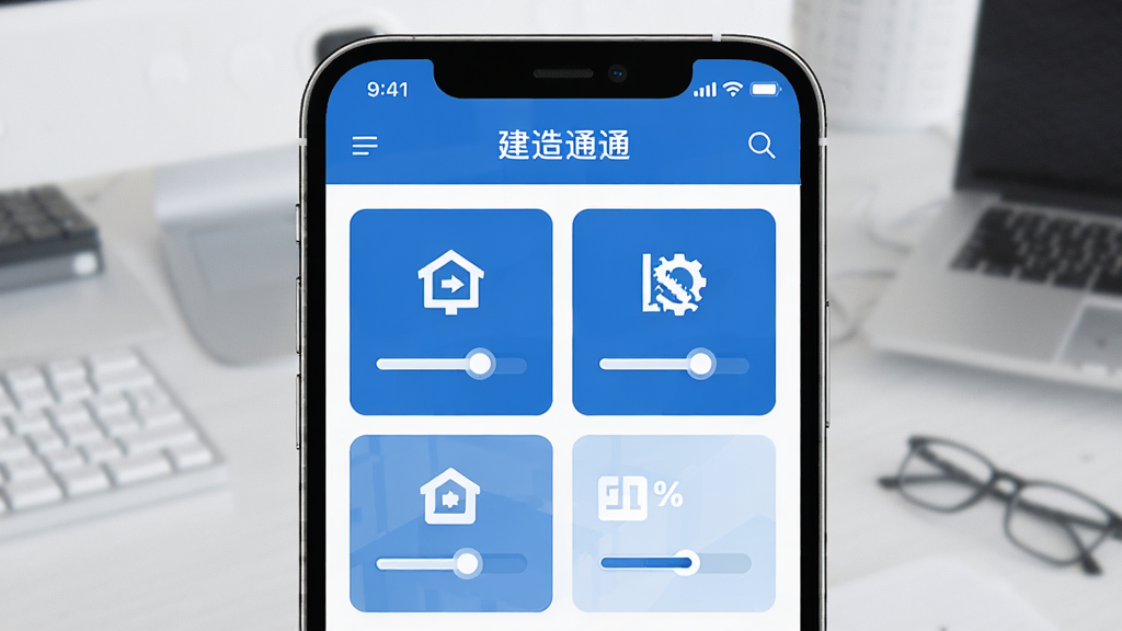 主体为一部智能手机居中展示,屏幕上显示建造通软件界面,布局为上方标题栏和下方功能卡片网格,排版简洁明了,风格为现代科技商务风,细节包括蓝色主色调、工程图标和进度条元素,画质清晰干净,无多余元素