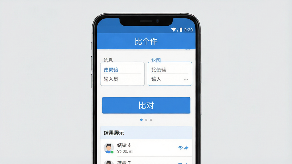 一幅手机应用界面展示图,画面中央是一部竖屏安卓手机,屏幕上显示简洁的比对查询工具主界面,顶部有软件名称“比个件”字样,中间是左右两个信息输入框和醒目的比对按钮,下方是结果展示区域,整体布局干净清爽,采用蓝白配色,扁平化UI风格,细节清晰,画质高清,背景为纯色浅灰,画面干净无多余元素