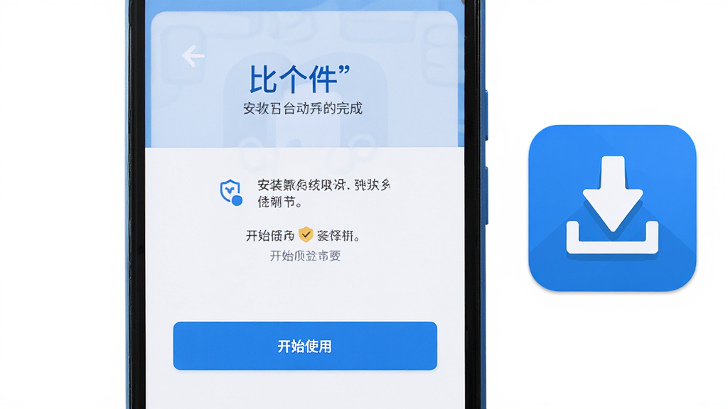 一部安卓手机展示“比个件”软件安装完成后的首次启动引导页面,页面有权限授予提示和开始使用按钮,界面简洁清晰,蓝白配色,扁平风格,手机旁放置下载完成的安装包图标,整体画面干净,画质高清,纯色背景,无多余元素