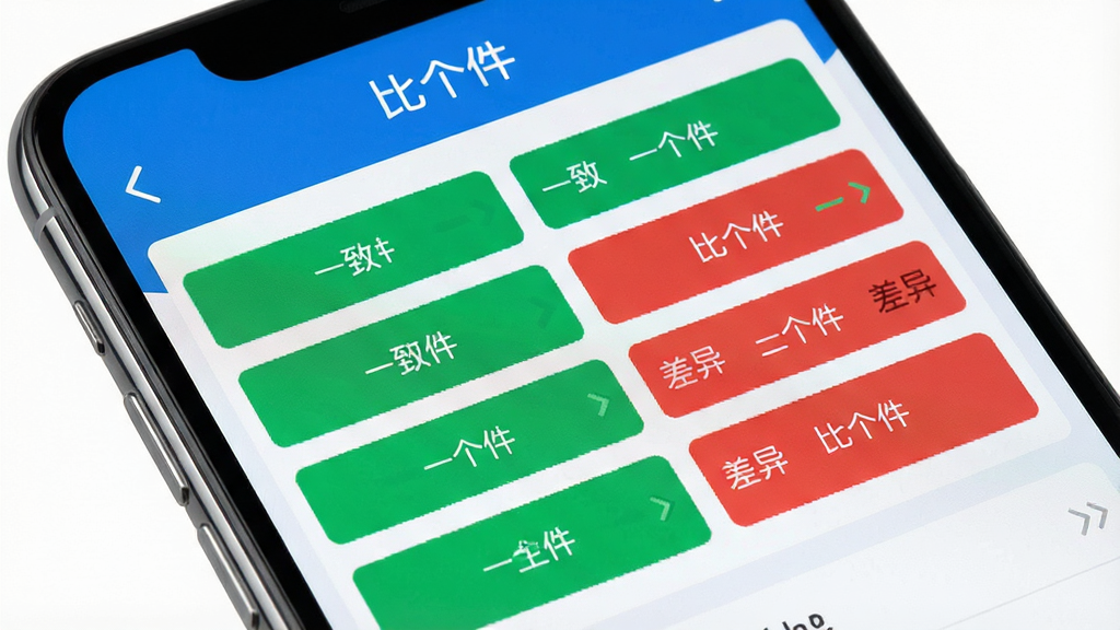 手机屏幕特写,显示“比个件”软件的比对结果页面,结果区域用绿色和红色区分一致与差异部分,排版整齐清晰,界面风格简约商务,蓝白配色,细节锐利,画质高清,纯色背景,干净无多余元素