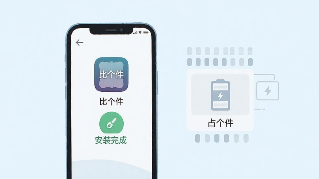 一部手机旁边放置着存储空间示意图,手机屏幕显示“比个件”软件图标和安装完成界面,旁边用简洁的图形表示占用空间很小,整体风格清新简约,浅色背景,扁平化插画风格,细节清晰,画质高清,画面干净无多余元素