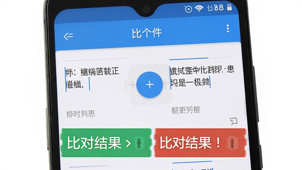 一部安卓手机特写,屏幕显示“比个件”软件的信息比对界面,左右两个输入区域分别填入不同的文字内容,中间有对比按钮,下方用醒目的颜色标出比对结果,画面风格简洁现代,蓝白主色调,扁平设计,细节清晰,画质高清,纯色背景,干净无多余元素