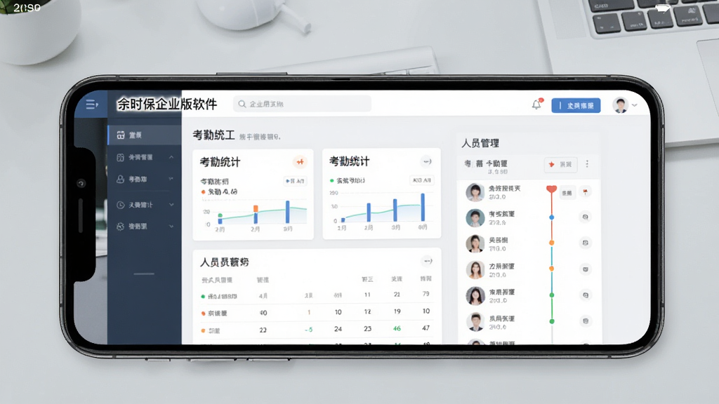一张展示余时保企业版软件主界面的手机屏幕截图,画面中央是简洁的企业用工管理仪表盘,包含考勤统计卡片与人员列表,背景为浅灰色办公桌面,风格为现代扁平化UI设计,细节清晰,画质干净,无多余元素