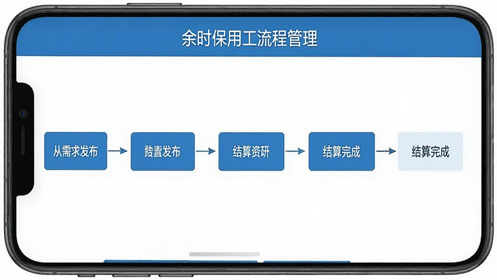 一张余时保企业版用工流程管理界面的手机截图,画面中展示从需求发布到结算完成的步骤流程图,配色以蓝白为主,风格简洁商务,布局清晰,画质干净,无多余元素