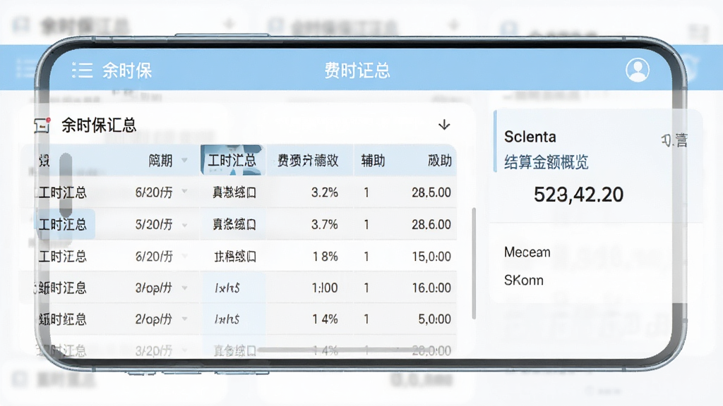 一张余时保企业版费用结算辅助界面的手机截图,画面中展示工时汇总表格与结算金额概览,配色以浅蓝与白色为主,风格清爽简约,布局规整,画质干净,无多余元素