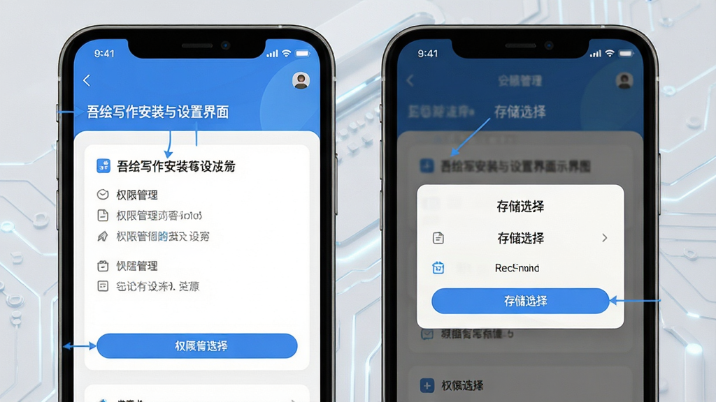吾绘写作安装与设置界面示意图,手机屏幕显示权限管理页面和存储选择弹窗,界面元素清晰标注,背景为浅灰色科技风格,画面干净整洁,画质清晰,布局合理,无多余装饰