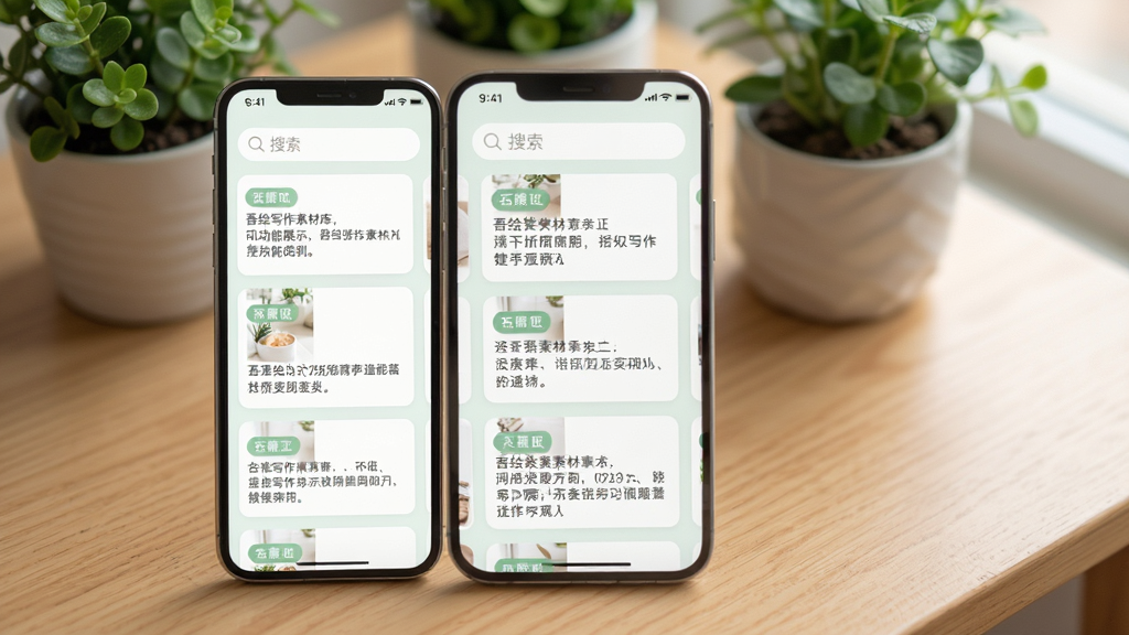 吾绘写作素材库功能展示,手机屏幕显示卡片式素材列表,每张卡片上有标签和摘要文字,顶部有搜索框,界面风格清新浅色,背景为木质桌面和绿植,画质细腻,排版整齐,干净无多余元素