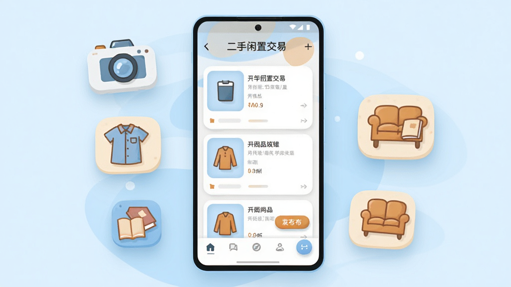 画面主体为一台竖屏安卓手机,屏幕中央展示“二手闲置交易”应用主界面,界面包含商品卡片列表、底部导航栏与发布按钮;手机两侧漂浮着相机图标、衣物图标、书本图标与家具图标,呈环绕布局;整体采用扁平化插画风格,色调以浅蓝与暖橙为主,细节处加入圆角卡片与柔和阴影;画质清晰,画面干净,无多余元素。