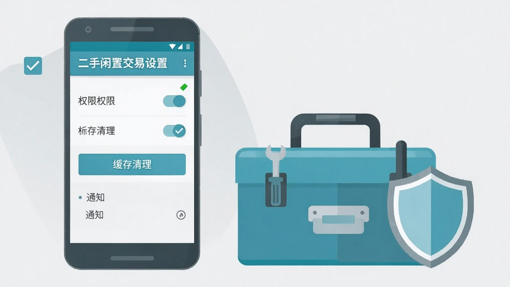 画面主体为一部安卓手机,屏幕显示“二手闲置交易”设置页面,页面内有权限开关、缓存清理按钮与通知选项;手机旁边放置一个工具箱与一个盾牌图标,呈左右布局;风格为简约扁平插画,色调以浅灰与湖蓝为主,细节处加入勾选与提示符号;画质清晰,画面干净,无多余元素。