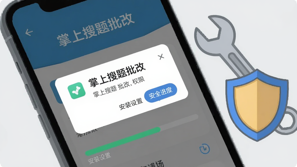 画面为一部手机屏幕特写,显示掌上搜题批改的权限请求弹窗与安装进度条,手机旁放置一把小扳手和一个盾牌图标,象征安装设置与安全防护;背景为浅灰色纯色底,主体突出;整体采用扁平化图标风格,配色简洁,线条清晰,细节干净,画质明快,无多余装饰,画面中可出现