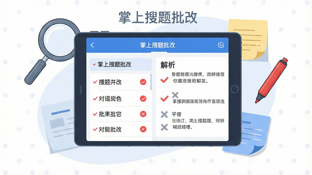 画面中央为一块悬浮的平板屏幕,屏幕内呈现掌上搜题批改的作业批改结果页,左侧列出题目与对错符号,右侧对应显示解析文字,红色对勾与灰色叉号形成视觉对比;屏幕周围环绕放大镜、红色批改笔、便签纸等元素;整体采用简约商务插画风格,配色以白、蓝、浅灰为主,排版规整有序,细节精致,画质干净,无杂乱背景,画面中可出现