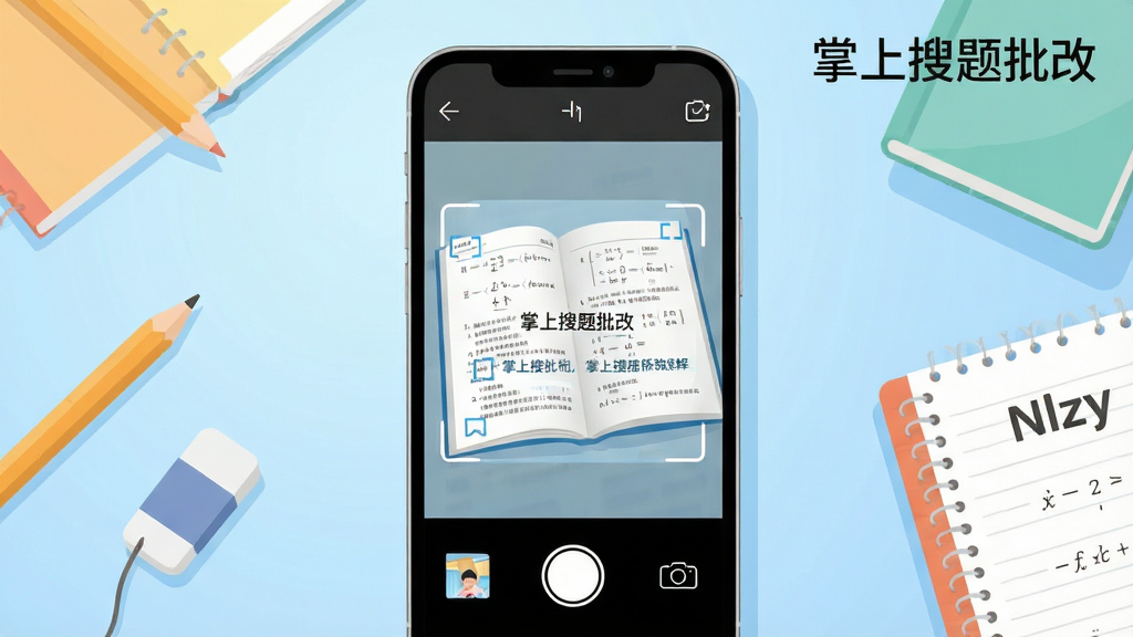 画面主体是一部智能手机居中放置,屏幕内展示掌上搜题批改的拍照搜题界面,摄像头取景框对准一本摊开的数学练习册,取景框内浮现识别框与解析文字;手机两侧点缀铅笔、橡皮、作业本等学习用品,背景为浅蓝色渐变桌面;整体采用扁平化插画风格,色彩清新明亮,细节干净利落,画质清晰,无多余装饰元素,画面中可加入