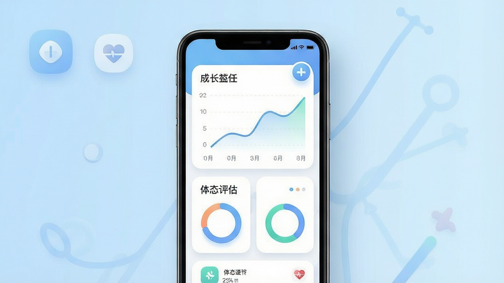 一张手机屏幕展示健康管理应用界面,主体为手机居中放置,背景为浅蓝渐变,布局上屏幕内显示成长曲线图表与体态评估卡片,排版简洁清晰,风格为现代科技感扁平化设计,细节包括圆角图标、柔和阴影、数据可视化环形图,画质高清干净,无多余元素