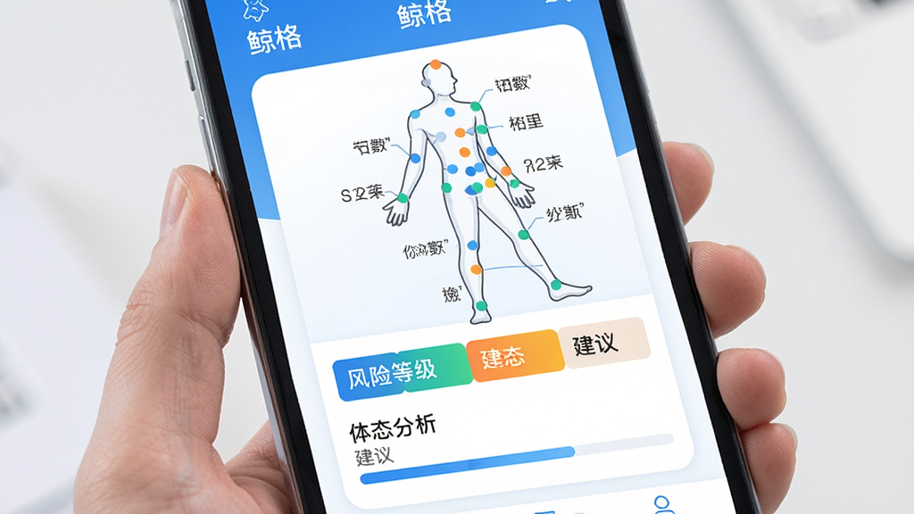 手机应用内体态评估界面展示,主体为体态分析报告卡片,布局为上下结构,上方为人体轮廓示意图标注关键点,下方为风险等级色块与建议文字,风格为清爽医疗蓝白配色,细节包含细线图标、数据标签、进度条,画质干净高清,画面中文字为