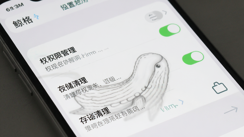 手机应用设置界面展示权限管理与存储清理选项,主体为设置列表页面,布局为纵向条目排列,风格为浅灰质感极简设计,细节包括开关按钮、图标、说明文字,画质清晰干净,画面中文字为