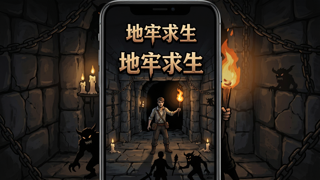 一款暗黑风格的地牢冒险手游主界面,画面中央是手持火把的求生者站在幽深地牢入口,四周环绕石墙与铁链,背景有微弱烛光,主体突出游戏名称“地牢求生”,布局为竖版手机屏幕比例,排版上方为游戏LOGO下方为角色剪影,风格为暗黑奇幻手绘,细节包含地砖裂纹、火把光晕、怪物剪影,画质清晰干净无多余元素